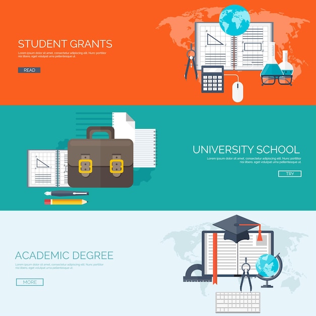 Ilustración vectorial fondos planos establecer educación a distancia cursos en línea escuela web