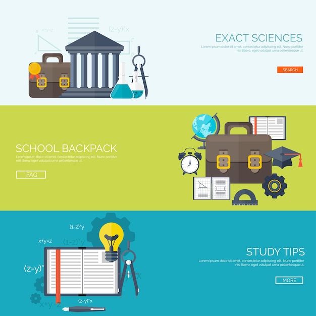 Ilustración vectorial fondos planos establecer educación a distancia cursos en línea escuela web
