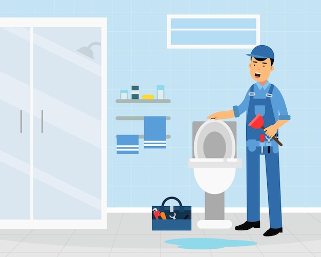 Ilustración vectorial de fontanero profesional en uniforme azul que fija artículos sanitarios
