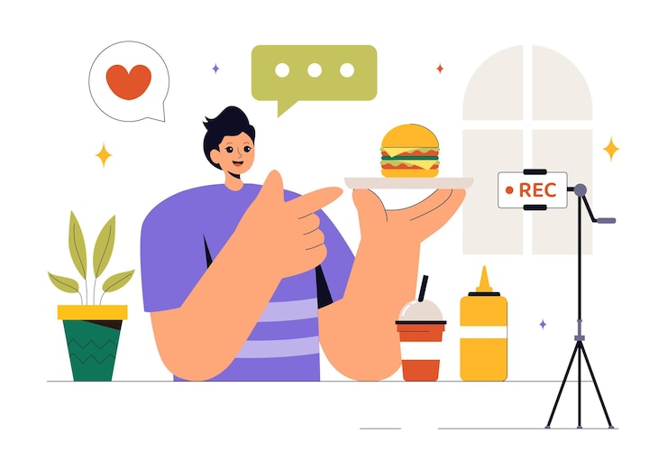 Vector ilustración vectorial de food blogger con un influencer revisando y compartiendo experiencias culinarias en un blog en un restaurante en un fondo plano