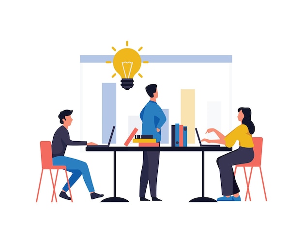 Ilustración vectorial Formación del personal de oficina Aumentar las ventas y las habilidades Pensamiento en equipo y lluvia de ideas Análisis del vector de información de la empresa