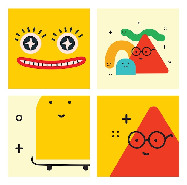Ilustración vectorial de formas de caracteres geométricos con emociones faciales forma colorida linda para la educación de los niños