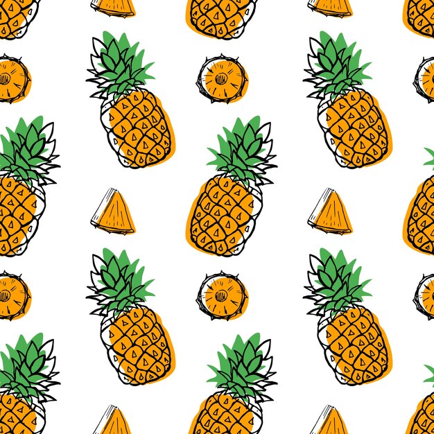 Ilustración vectorial de formas de color con patrón de fruta de piña y piña dibujada a mano sin costuras