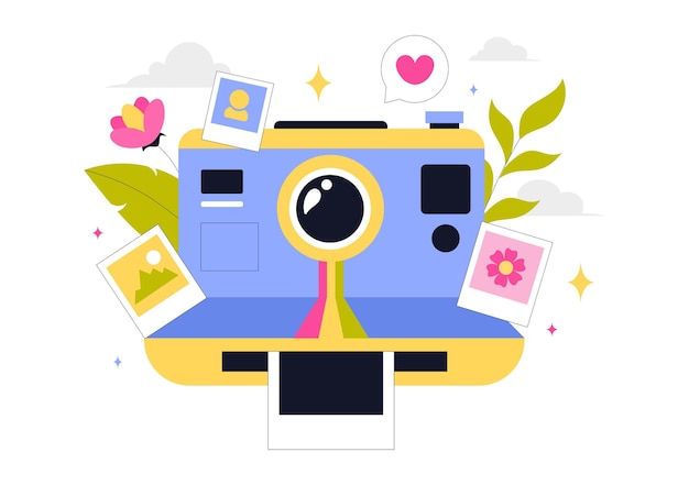Ilustración vectorial de fotografía con una cámara y un equipo para capturar la aventura y los recuerdos del turismo de viajes en un fondo de estilo plano