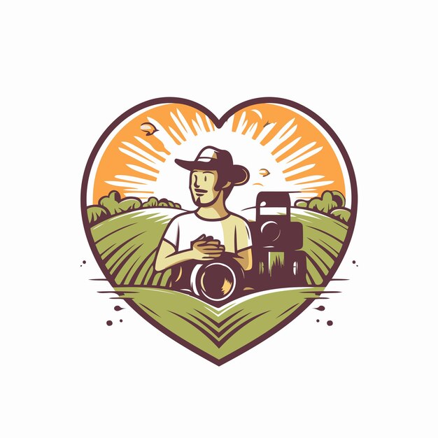 Ilustración vectorial de un fotógrafo con una cámara en forma de corazón sobre un fondo natural