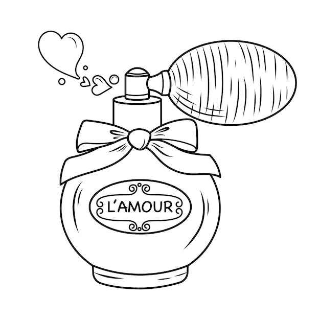 Vector ilustración vectorial de frasco de perfume retro con pompón bosquejo de garabato romántico de aroma de amor