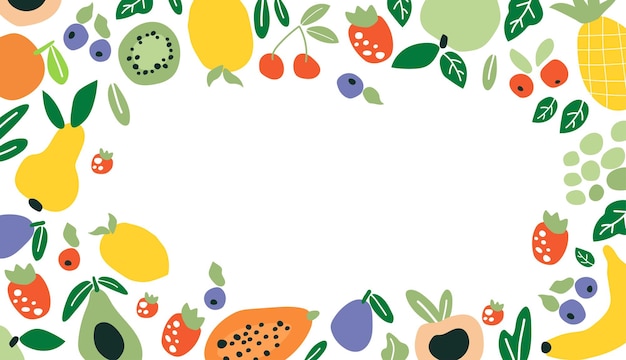 Ilustración vectorial de frutas y bayas frescas y saludables. Diseño de plantilla de marco de frutas