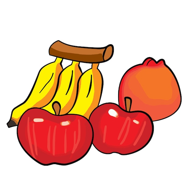 Ilustración vectorial de frutas frescas, manzanas, plátanos y naranjas