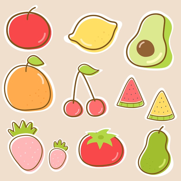 Ilustración vectorial de frutas con manzana, limón, aguacate, fresa, sandía, naranja, cereza, etc.