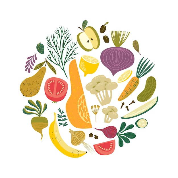 Ilustración vectorial de frutas y verduras Alimentos saludables Diseño aislado
