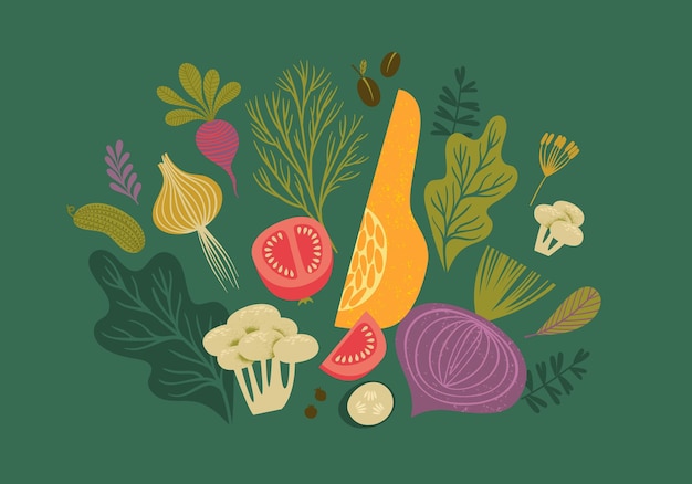 Ilustración vectorial de frutas y verduras Alimentos saludables Diseño aislado