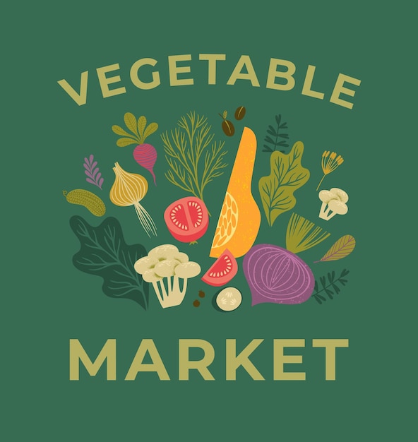 Ilustración vectorial de frutas y verduras Diseño de alimentos saludables para la cubierta del volante de la tarjeta del cartel y otros