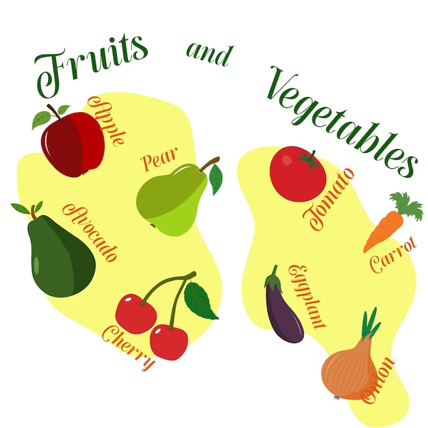 Ilustración vectorial con frutas y verduras frescas Alimentos saludables