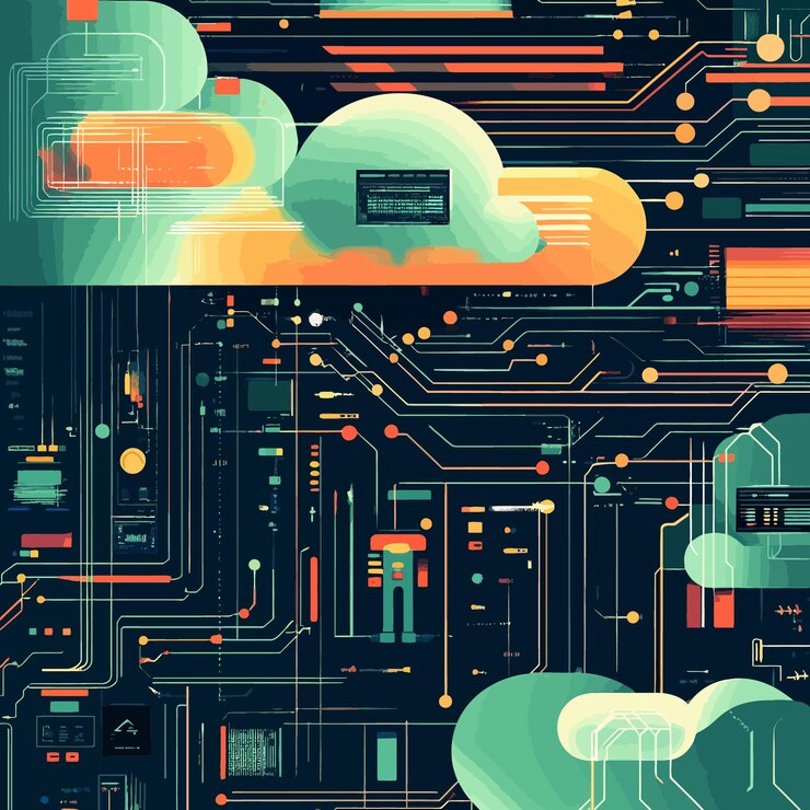 Vector ilustración vectorial del futuro del almacenamiento de datos y la conectividad de la computación en nube