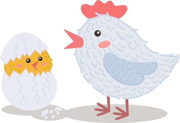 Ilustración vectorial de una gallina con una gallina eclosionada de un huevo una vívida ilustración de la pascua