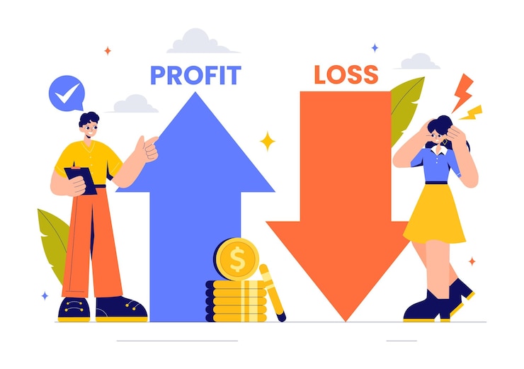 Vector ilustración vectorial de ganancias y pérdidas con ganancias de inversión, ganancias, pérdidas de dinero y un inversor de negocios equilibrado en una balanza con una flecha