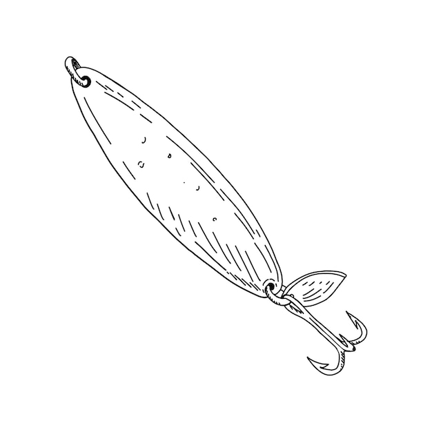 Vector ilustración vectorial de gancho de pez minnow aparejo spinner de metal mosca señuelo alimentación de cebo línea de dibujo tinta