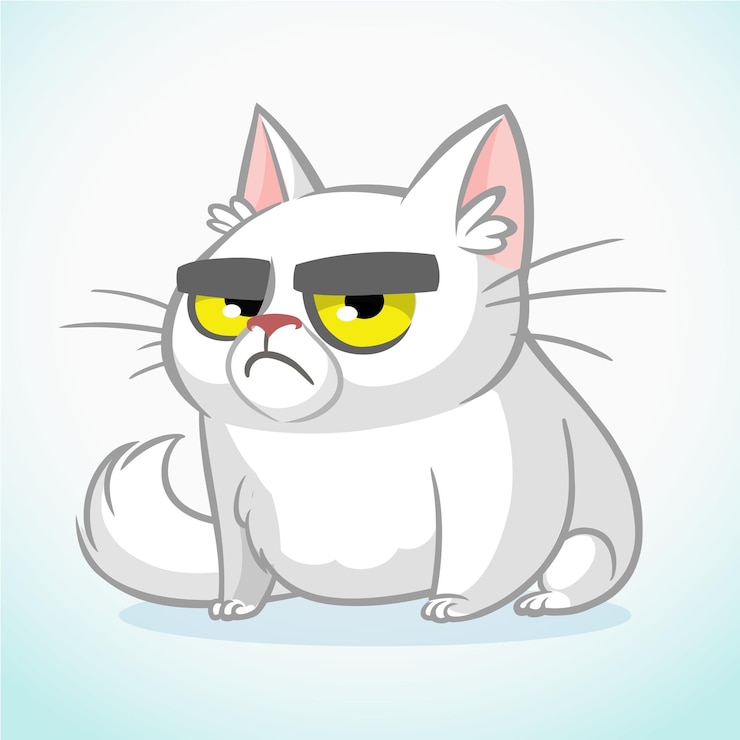 Vector ilustración vectorial de gato blanco gruñón lindo gato gordo de dibujos animados con una expresión gruñona icono de gato aislado