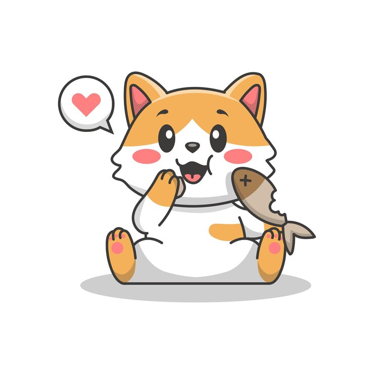 Ilustración vectorial de un gato comiendo pescado