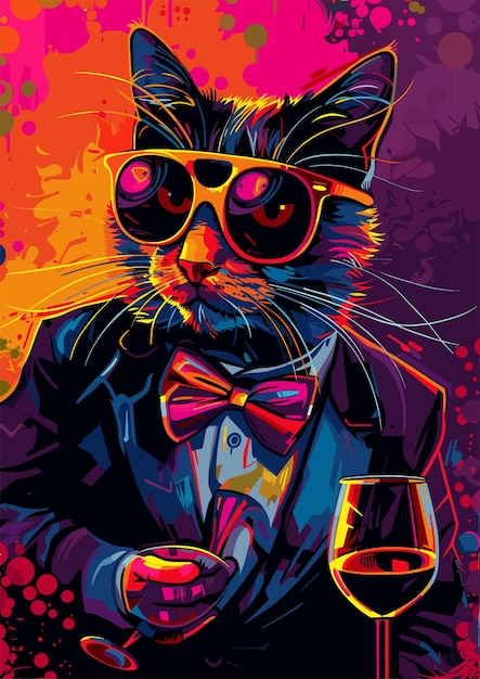 Ilustración vectorial de un gato negro con gafas y un vaso de vino