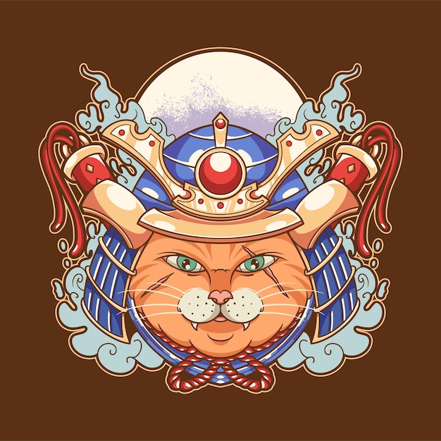 Ilustración vectorial de un gato samurái dibujado a mano