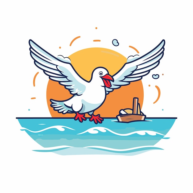 Vector ilustración vectorial de una gaviota con un barco en el mar