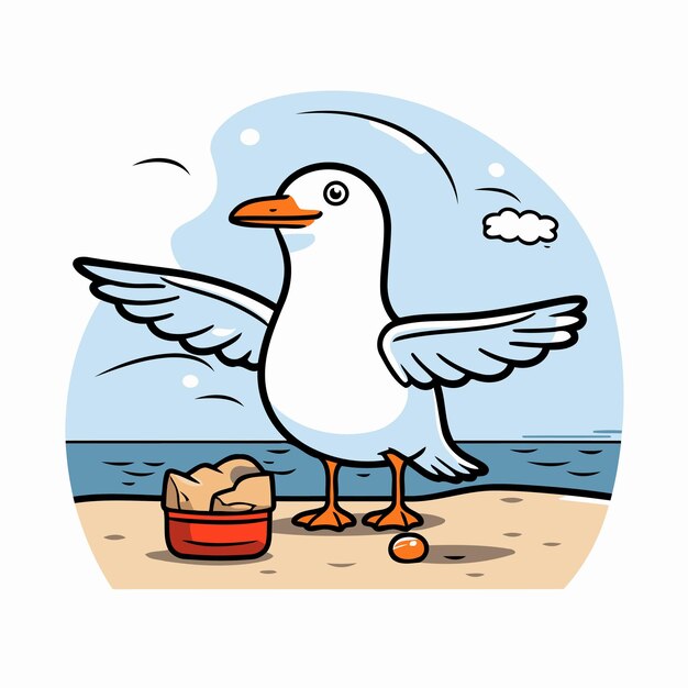 Vector ilustración vectorial de una gaviota en la orilla del mar