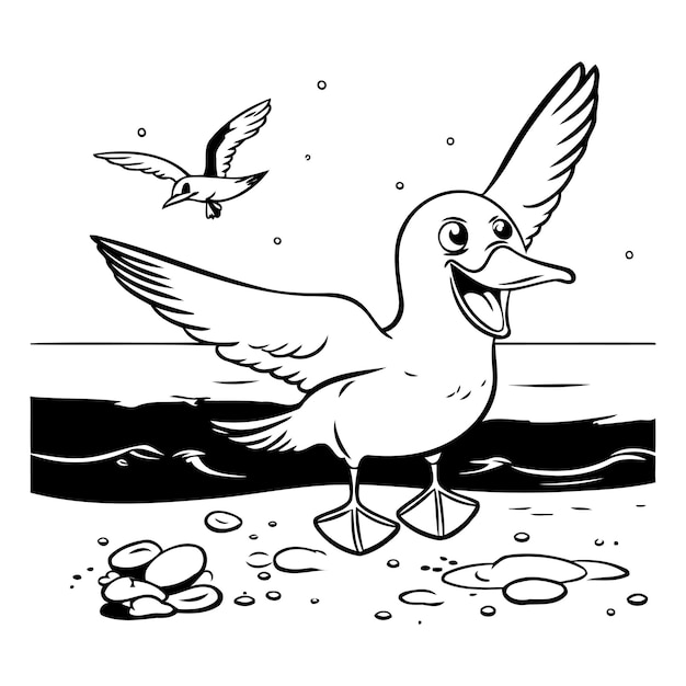 Vector ilustración vectorial de una gaviota en la playa con gaviotas
