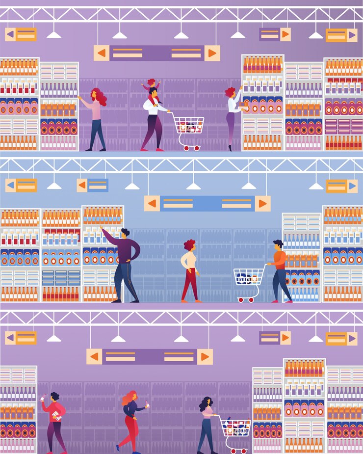 Vector ilustración vectorial gente visita supermercado.