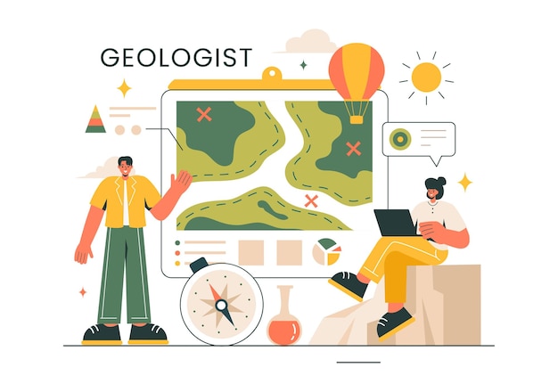 Ilustración vectorial de geólogo con análisis del suelo y características de la Tierra para investigación científica o expedición en fondo plano dibujado a mano