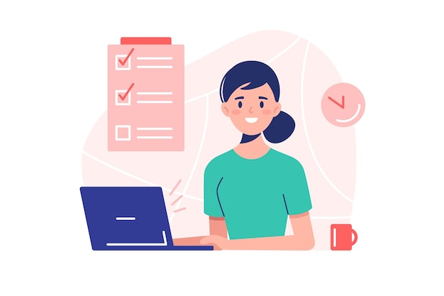 Ilustración vectorial de gerente de proyecto femenina Trabajadora sonriente cerca de la computadora portátil estilo plano Lista con tareas completas Concepto de trabajo comercial y creativo Isolado en fondo blanco