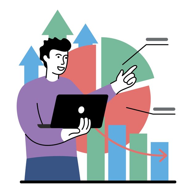 ilustración vectorial del gerente que trabaja con infografías de negocios digitales