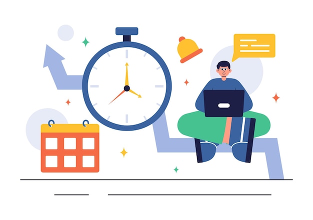 Ilustración vectorial de la gestión del tiempo con ajustes de reloj Planificación de tareas Actividades de capacitación y programación en un fondo plano de estilo de dibujos animados