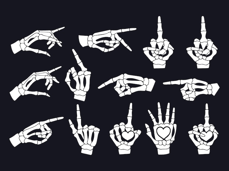 Vector ilustración vectorial de los gestos de las manos del esqueleto en varias poses sobre un fondo negro