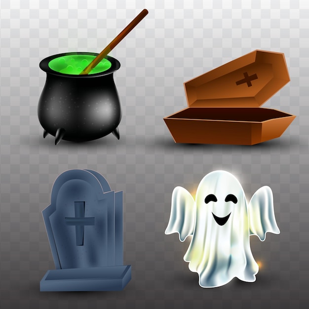 Ilustración vectorial de ghost cauldron y tumba sobre fondo png