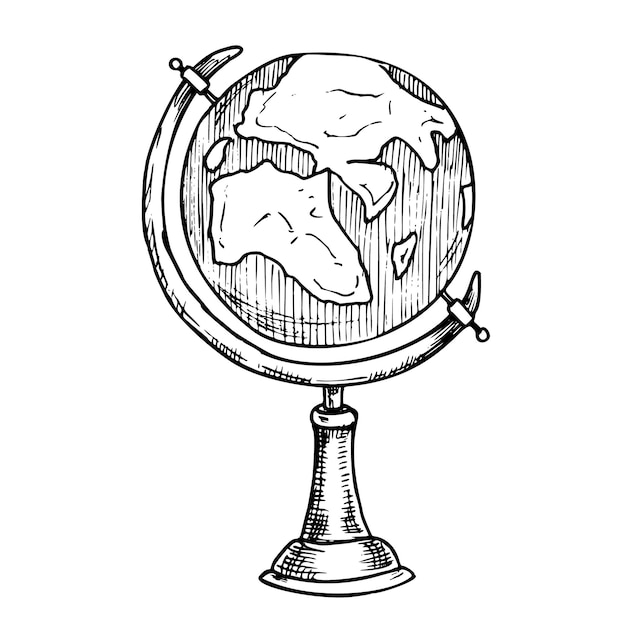 Vector ilustración vectorial del globo dibujo a mano de un modelo vintage de la tierra en un soporte de madera dibujo de un mapa retro pintado con tintas negras para la ciencia o la educación dibujo lineal negro para icono o logotipo