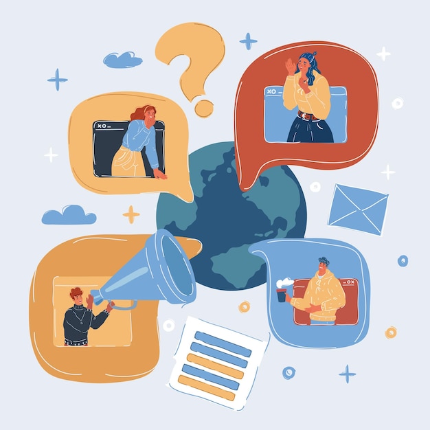 Ilustración vectorial del globo mundial La gente hace conversaciones en línea Concepto de servicio de red de medios