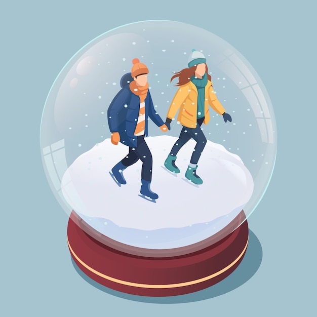 Ilustración vectorial de un globo de nieve con patinadores en una escena de invierno