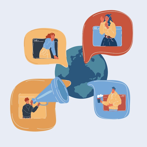 Ilustración vectorial del globo terráqueo moderno de las redes sociales La gente hace conversaciones en línea Concepto de servicio de red de medios