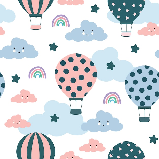 Ilustración vectorial de globos de aire caliente con patrón sin costuras