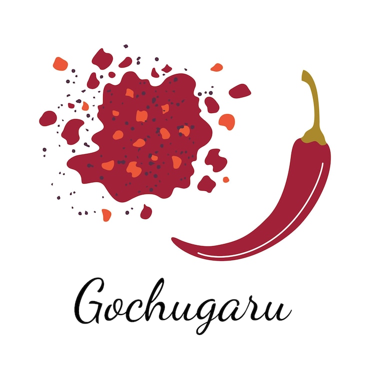 Vector ilustración vectorial de gochugaru en polvo de chile coreano de estilo dibujos animados plano con escamas de pimienta roja y