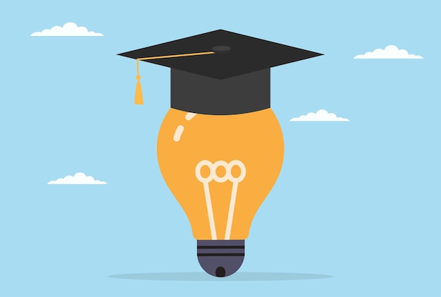 Ilustración vectorial de una gorra de graduación con una enorme bombilla que simboliza la mezcla de educación e innovación y ideas brillantes que dan forma al futuro a través de la educación