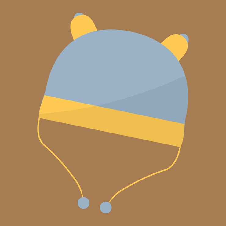 Vector ilustración vectorial de gorro de bebé amarillo y azul con lazos aislados sobre fondo biege dibujo a mano de un sombrero de capó punteado ute para bebé recién nacido