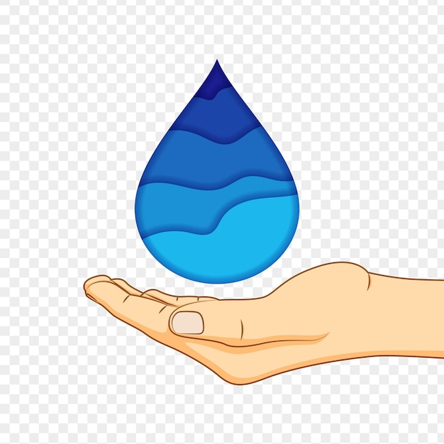 Ilustración vectorial de una gota de agua en la mano sobre un fondo transparente