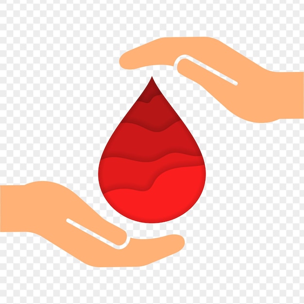 Ilustración vectorial de la gota roja en el efecto de corte de papel con manos en un fondo transparente