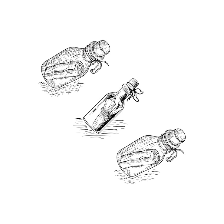 Vector ilustración vectorial de grabado de mensaje en una botella imitación al estilo de tablero de rascar imagen dibujada a mano