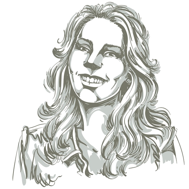 Ilustración vectorial gráfica dibujada a mano de piel blanca atractiva mujer sonriente feliz con cabello largo ondulado y corte de pelo elegante. La gente se enfrenta a expresiones. Modelo posando para retrato.