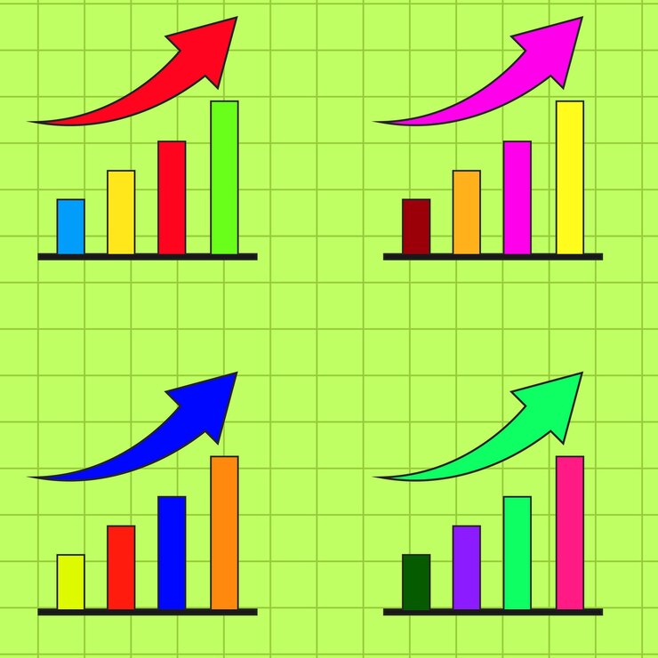 Vector ilustración vectorial de gráfico de barras colorido con flecha ascendente que representa el crecimiento positivo hay fo