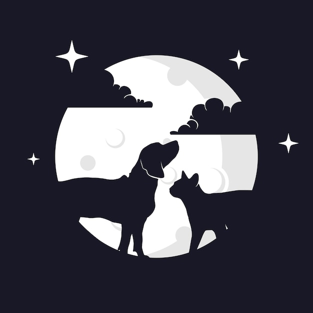 Ilustración vectorial gráfico de gato y perro con fondo de luna. perfecto para usar en camisetas o eventos.