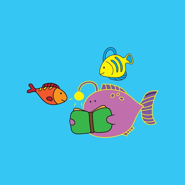 Ilustración vectorial gráfico Niños dibujo estilo gracioso lindo pez linterna leyendo libro con amigos